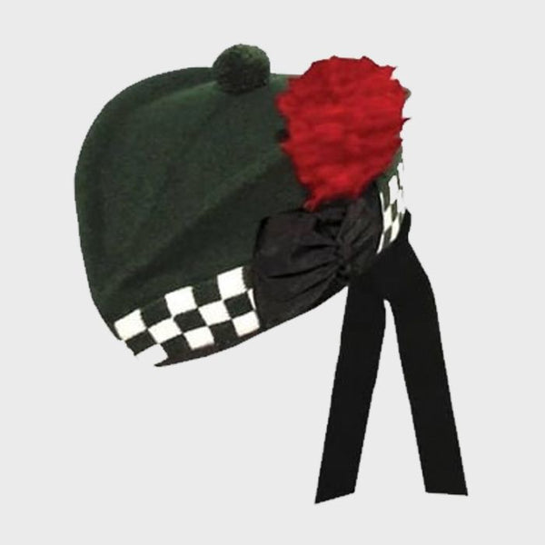 Wool Black &amp; White Diced Dark Green Highland Glengarry Caps