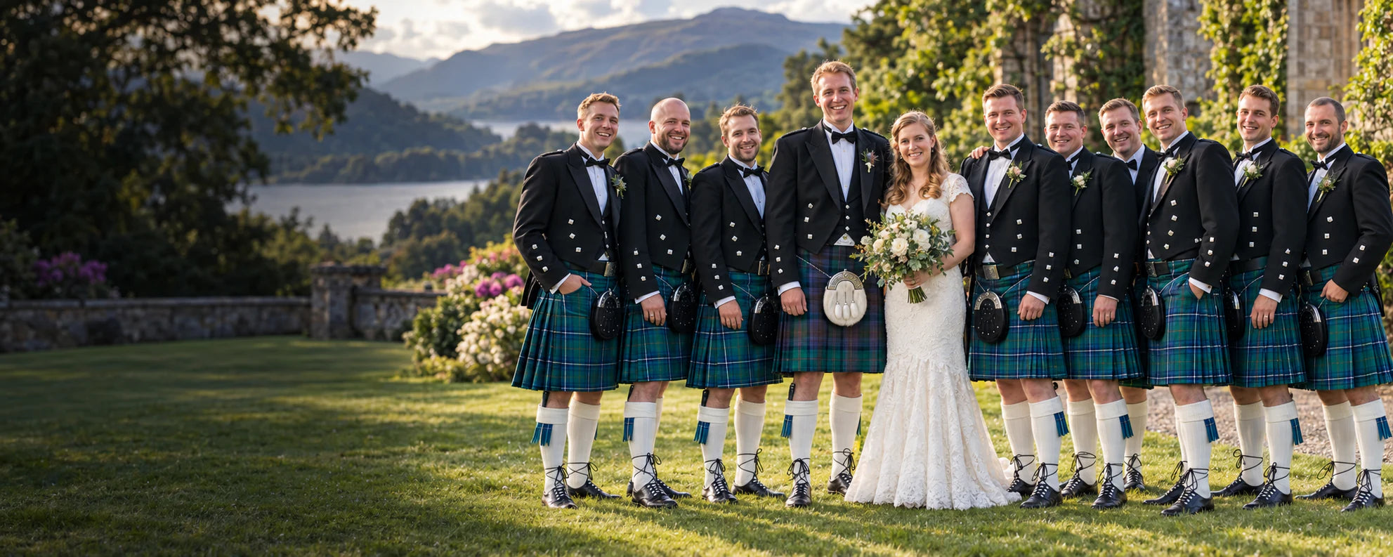 A Scottish wedding party wearing coordinated tartan kilts